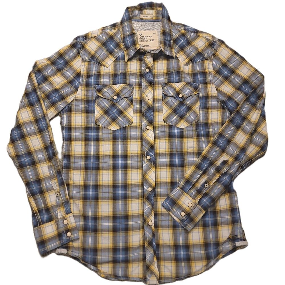 American Eagle Vintage Fit Mens S Pearl Snap Shirt Yellow Blue Plaid Long Sleeve